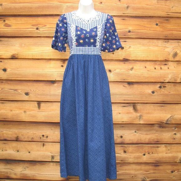 Vintage 70's Blue Prairie Dress - Picture 1 of 8